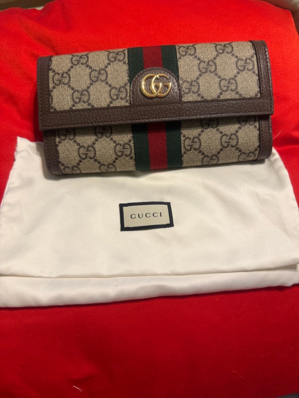 Gucci Beige/Brown GG Supreme Canvas Continental Wallet with Green-Red Web